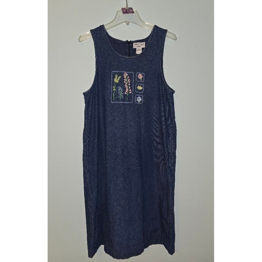 Vintage Westbound Womens Jumper Dress Floral Denim Embroidered Cottagecore PS